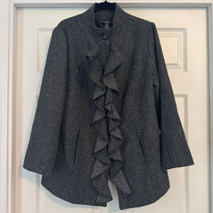 Marina Luna Black White Tweed Ruffle Front Coat 1X